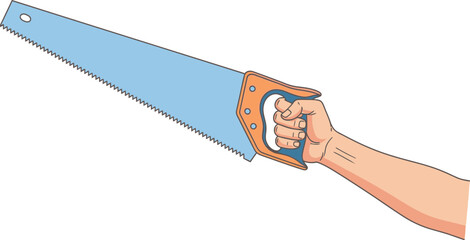 A cartoon hand holding a light blue hand saw with a brown handle against a white background space here