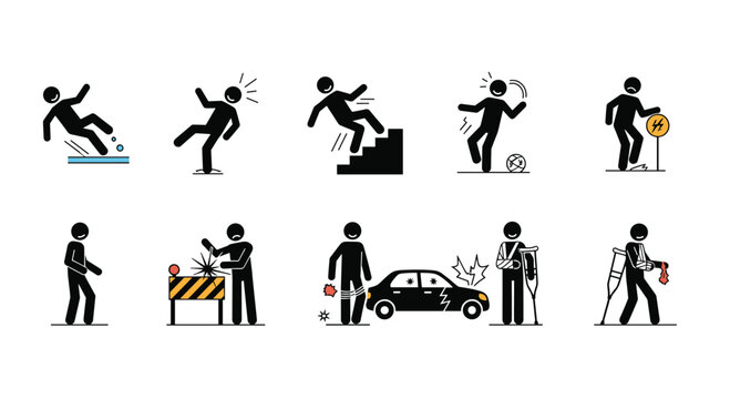 Collection of safety warning icons depicting various accident scenarios and hazards including slips falls stairs electrical shock workplace accidents and pedestrian safety