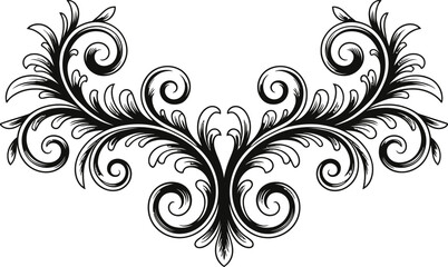 Elegant black and white flourish design with swirls and filigree