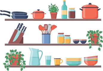 Illustration of kitchen shelves with cookware, utensils, plants, and dishware on a white background