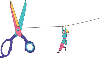 A woman hangs on a rope connected to scissors in a whimsical and minimalist vector style illustration