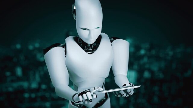 Robot hominoid using tablet computer for big data analytic using AI thinking brain , artificial intelligence and machine learning process for the 4th fourth industrial revolution . 3D rendering.