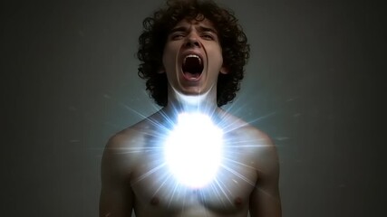Young man screaming with light emerging from chest - Powered by Adobe