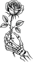 Skeleton hand holding a single rose in a sketch style