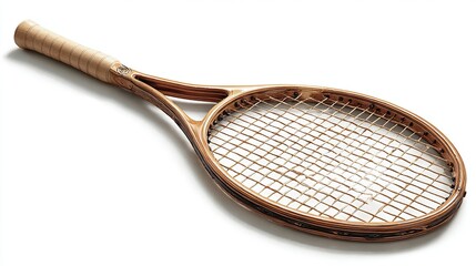 A well-worn, vintage wooden tennis racquet with a tan leather grip, showing signs of age and use, lies on a stark white background.  The wooden frame is 