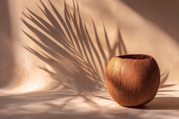 Empty coconut shell with palm leaf shadow on beige background