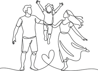 Joyful family of three celebrating with a child in the air and a heart shape