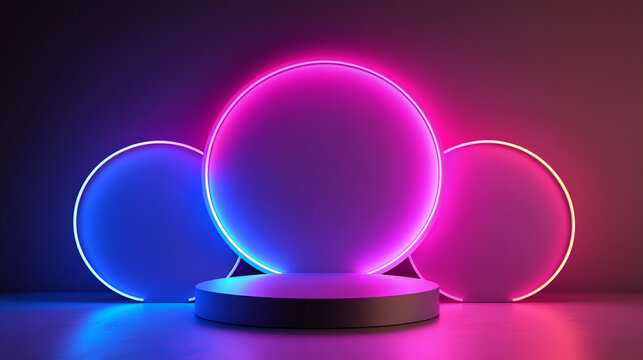 Neon circles illuminate a cylindrical display platform vibrant colors create a modern aesthetic