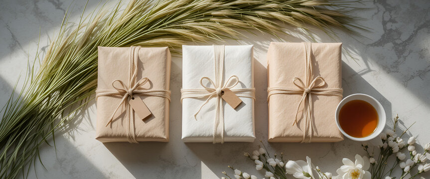 still life with three  gift boxs with ribben