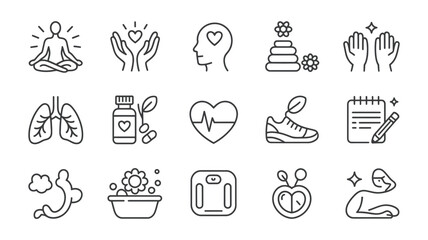 Fototapeta premium Wellness Lifestyle Icons Set Black Line Art Graphics Collection Healthy Habits Yoga Meditation Heart Rate Lungs Supplements Fitness Notebook