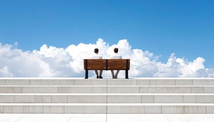 Contemplative figures perched atop architectural staircase gazing at dreamy sky