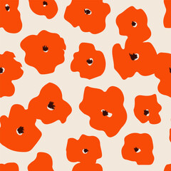 Poppy flowers seamless pattern with bold orange leaves on a light background. Modern, playful, petal textile design. Nature, cheerful, botanical endless background.
