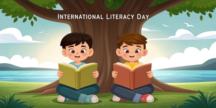 Two happy cartoon boys reading books under a large tree isolated on white background