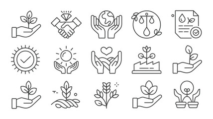 Fototapeta premium Collection of Black and White Line Art Icons Depicting Environmental Sustainability Corporate Social Responsibility Ethical Business Practices