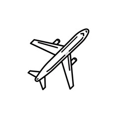 Illustration of a jet airplane in simple black outline against a white backdrop, concept for travel agency promotion, tourism industry visuals and flight booking advertisements