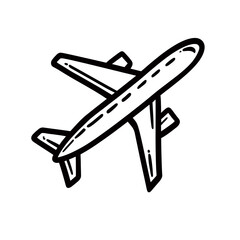 Simple black and white outline illustration of an airplane flying against a white background, concept for travel planning, tourism promotion and airline branding.