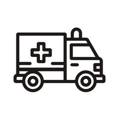 Black outline illustration depicts an ambulance icon with a prominent cross symbol, concept for emergency services, healthcare awareness and medical assistance promotion