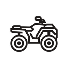 Simplified black and white outline of an ATV on a white backdrop, concept for recreational vehicle illustration, outdoor adventure icon, and transportation symbol.