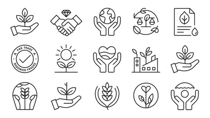 Collection of Black and White Line Art Icons Depicting Sustainability Environmental Protection Fair Trade and Ethical Business Practices