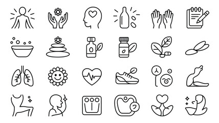 Collection of Black and White Wellness Icons Depicting Healthy Lifestyle Practices Including Mindfulness Meditation Physical Exercise