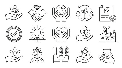 Fototapeta premium Collection of Black Line Art Icons Depicting Environmental Sustainability Corporate Social Responsibility Ethical Business Practices and Eco