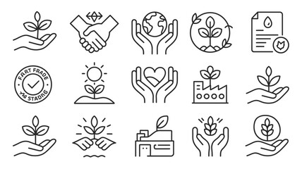 Collection of Black Line Art Icons Depicting Sustainability Fair Trade Environmental Conservation and Corporate Social Responsibility Concepts