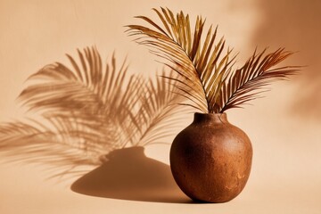 Palm leaf in wooden pot on beige surface