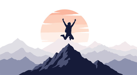 Victorious hiker celebrates summiting mountain peak under setting sun with joyful leap of triumph