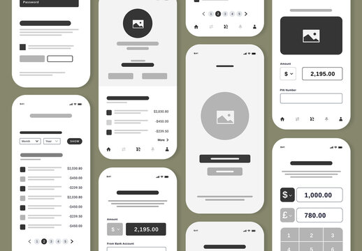 Mobile App Wireframe UI Kit for UX Design and Prototype Layouts