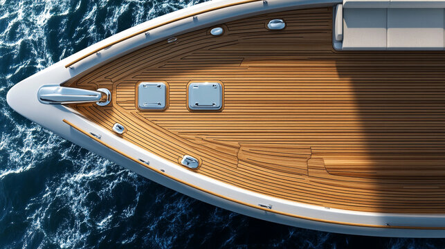 Luxury yacht deck view from above teak wood deck ocean blue water