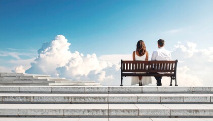 Couple on a bench atop stairs with cloudscape evokes a sense of optimism and serenity