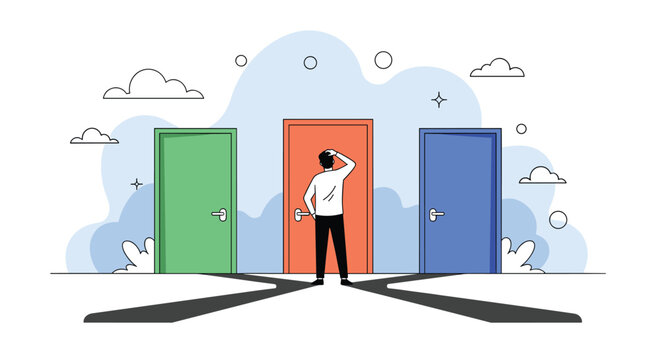Man stands at crossroads contemplating which of three brightly colored doors to choose a difficult decision facing a person facing multiple paths forward