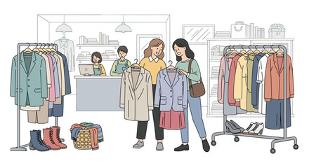 Two women shopping for affordable secondhand clothes at a fashionable thrift store discovering unique styles and sustainable options