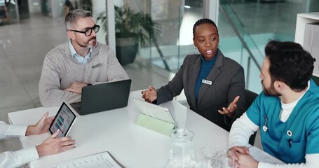 Medical staff, tablet or woman with discussion in meeting for surgery funding, progress or feedback. Above, health administrator and planning with team for clinic budget, treatment options or support - Powered by Adobe