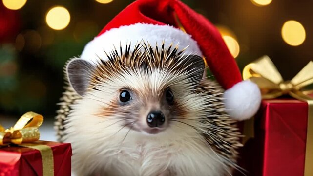 Adorable hedgehog wearing a Santa Claus hat, surrounded by Christmas gifts and festive bokeh lights, embodies holiday mood
