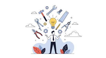 Illustration of a person with a lightbulb and various tools floating around their head symbolizing ideas and solutions