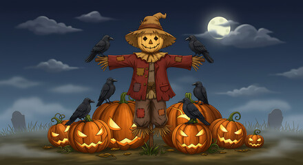 Cartoon Scarecrow with Crows and Pumpkins at Night