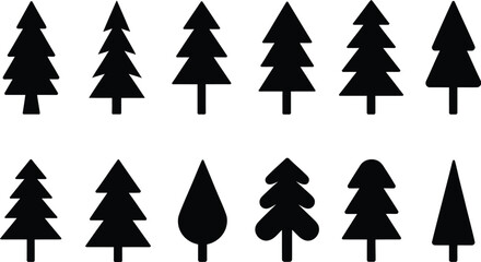 Merry Christmas and happy new year collection of fir trees black and white design simple signs
