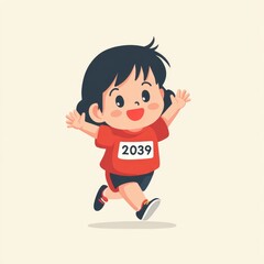 Fototapeta premium Cartoon girl running, arms raised, race number