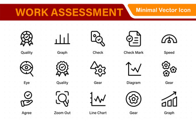 Work Assessment Icons. Features audit documents, profit-loss statements, budget reviews, compliance checks, and accounting dashboards.