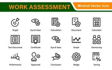 Work Assessment Icons. Features audit documents, profit-loss statements, budget reviews, compliance checks, and accounting dashboards.
