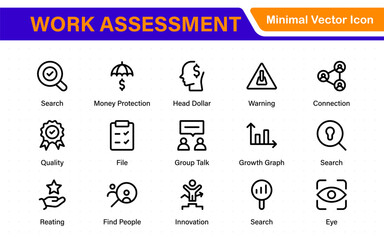 Work Assessment Icons. Features audit documents, profit-loss statements, budget reviews, compliance checks, and accounting dashboards.