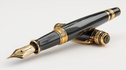 Elegant black and gold fountain pen laying against its ornate cap, on white background