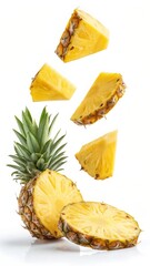Fresh pineapple slices falling and whole fruit isolated on white background