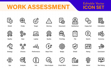 Work Assessment Icons. Features audit documents, profit-loss statements, budget reviews, compliance checks, and accounting dashboards.