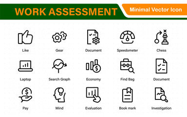 Work Assessment Icons. Features audit documents, profit-loss statements, budget reviews, compliance checks, and accounting dashboards.