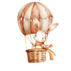 Illustration of Cute Rabbit on Air Balloon Isolated on Transparent Background. PNG