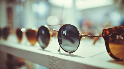 A display of sunglasses, circular and rectangular frames, sits on a shelf, lit by soft natural light