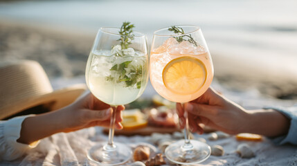 Cocktails cheers gathering with friends toasting gin tonic drinks at sunset beach. Joyful celebration moment with citrus herbs garnish and warm golden hour atmosphere.