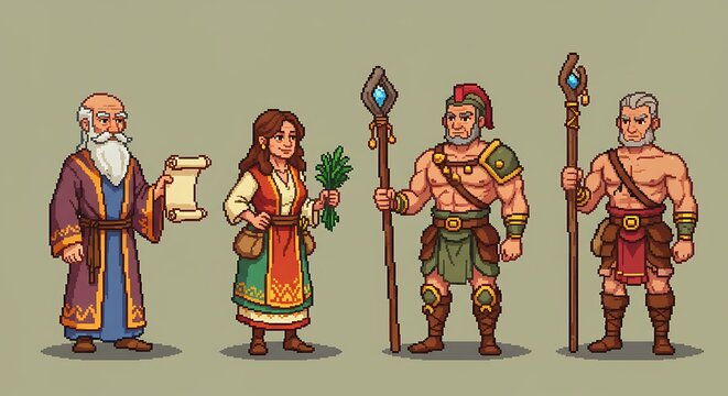 Pixel art characters ready for fantasy role-playing games and digital adventures with diverse classes
